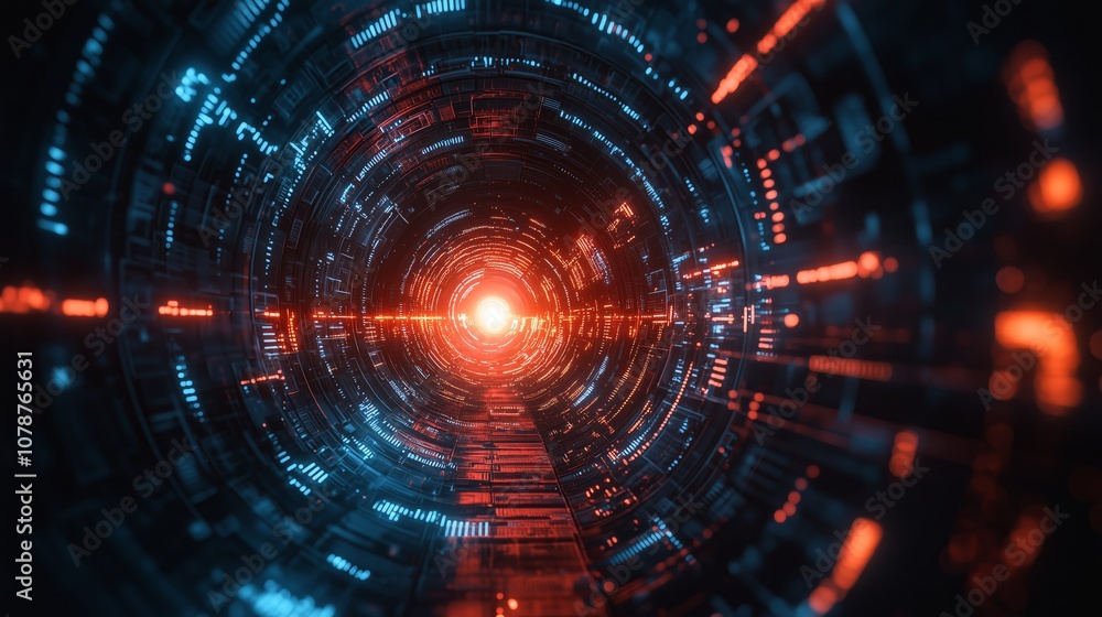 Poster futuristic digital tunnel with bright lights and glowing patterns in a sci-fi inspired abstract back