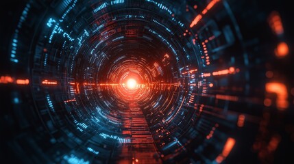 Fototapeta premium Futuristic Digital Tunnel with Bright Lights and Glowing Patterns in a Sci-Fi Inspired Abstract Background for Technology and Innovation Concepts