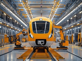 Robotic systems changing the aerodynamic panels of a highspeed train in a futuristic workshop illuminated by LED lighting