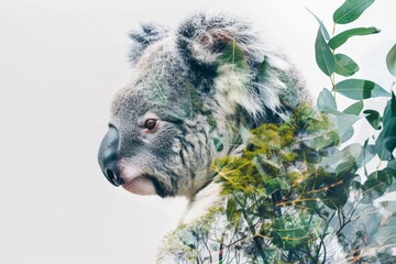 Obraz premium Koala Surrounded by Eucalyptus Leaves in Soft Light