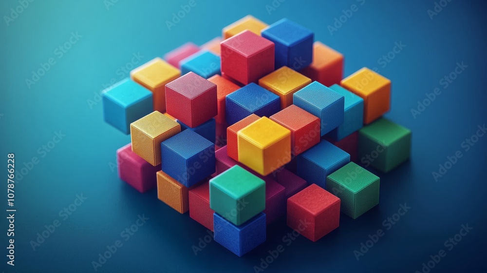 Poster colorful building blocks arranged in a creative pattern on a blue background, showcasing a playful a