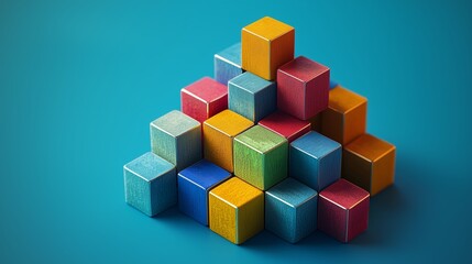 Fototapeta premium Colorful wooden blocks arranged in a pyramid shape on a vibrant blue background, showcasing various colors and sizes for creative design applications.