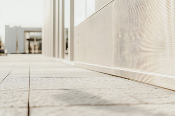 close up view of textured facade with modern design, showcasing intricate details and clean, minimalist aesthetic. sunlight casts soft shadows on tiled surface, enhancing architectural features