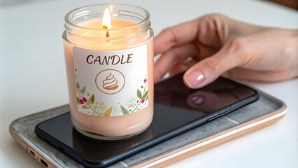Mockup of Glass Jar Candle with Label, Burning Candle in Jar with Label Mockup
