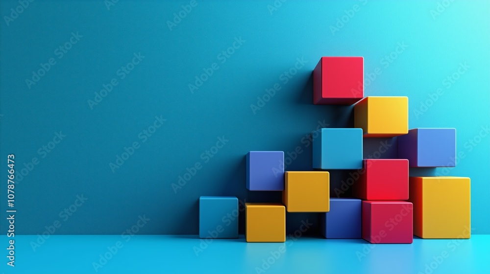 Aufkleber abstract arrangement of colorful building blocks on smooth blue background for use in educational, c
