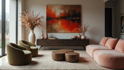 Elegant Living Room with Earthy Tones, Abstract Art, Cozy Seating, and Modern Decor for a Warm Atmosphere