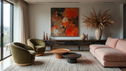 Elegant Living Room with Earthy Tones, Abstract Art, Cozy Seating, and Modern Decor for a Warm Atmosphere