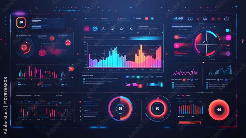 Poster futuristic data visualization dashboard with graphs, charts, and neon elements for business analysis