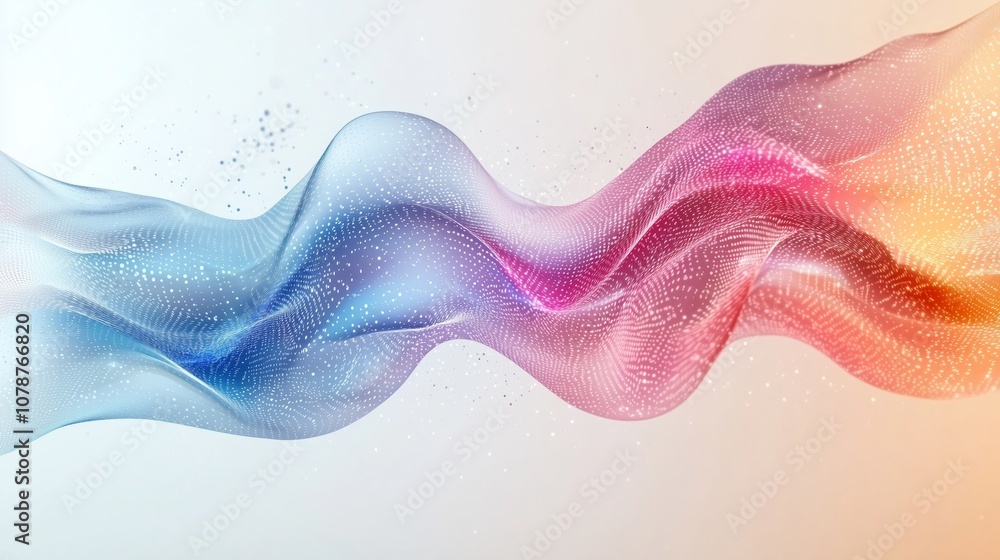 Poster abstract wave form with colorful gradients and digital particles, flowing smoothly, representing mod