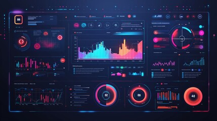 Obraz premium Futuristic Data Visualization Dashboard with Graphs, Charts, and Neon Elements for Business Analysis and Digital Insights