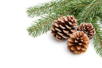 Fir tree branches adorned with pine cones, set against a crisp white background, evoking a serene winter ambiance.