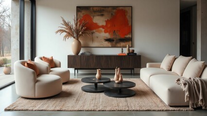 Elegant Living Room with Earthy Tones, Abstract Art, Cozy Seating, and Modern Decor for a Warm Atmosphere
