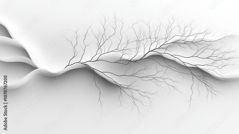 Poster abstract composition of delicate tree branches on soft white waves, illustrating nature's patterns a