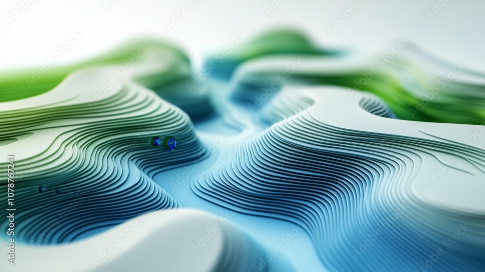 Poster abstract 3d landscape with colorful wavy patterns in green and blue tones representing hills and val