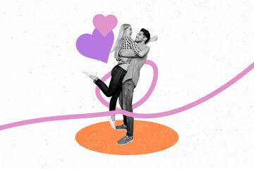 Creative picture collage young man woman couple lovers valentine day honeymoon celebrate holiday postcard greeting hug embrace romance