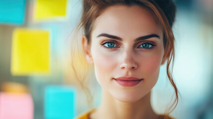 Determined businesswoman devising innovative marketing strategy in modern office environment, surrounded by digital tools and market analysis charts