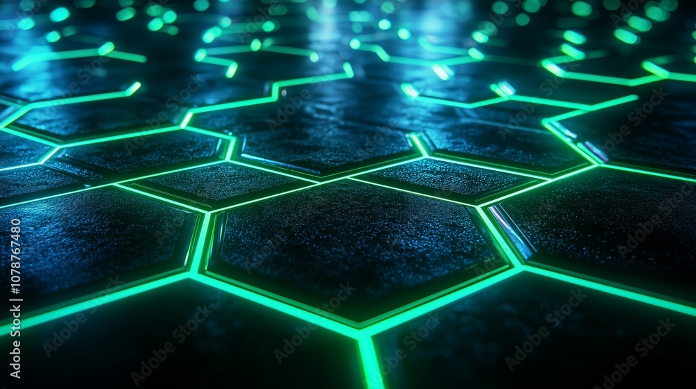 Poster futuristic hexagonal pattern with glowing neon edges on a dark textured surface, ideal for technolog