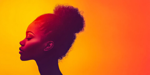 Fototapeta premium Silhouette of a woman with natural hair against a vibrant gradient background at sunset