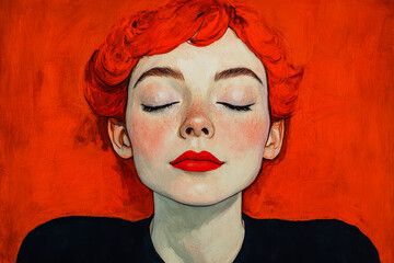 A serene young woman with vibrant red hair and bold lips, set against a bright orange background