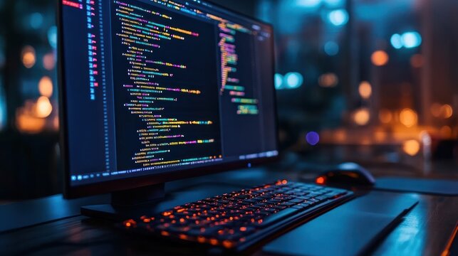Code on the Screen in a Dimly Lit Office
