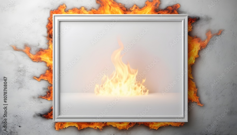 Poster stylish empty white poster frame with a fiery background for eye-catching displays and promotions