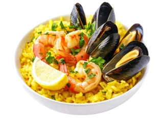 A plate of food with shrimp, mussels, and lemon slices