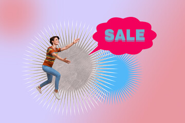 Photo picture collage young cheerful woman sale discount sale black friday textbox message bubble low prices retail shopaholic