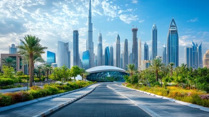 A scenic view of Dubai's skyline with modern skyscrapers and lush greenery.
