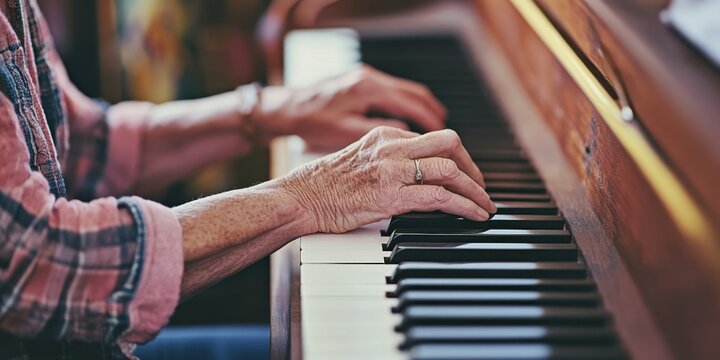 A senior person in their 60s learning to play a musical instrument for the first time