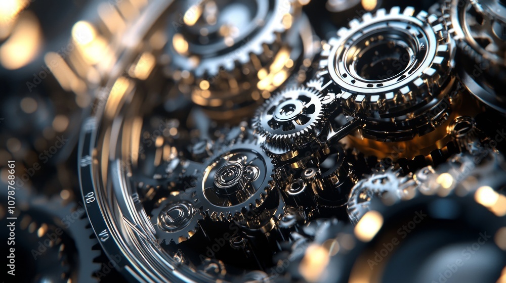 Poster composition reveals complex arrangement mechanical gears working together harmoniously emphasizing f