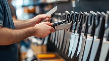 A Customer Carefully Examining a Knife in a Kitchen Supply Store