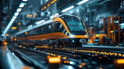 Highspeed train in a digital repair bay, with holographic interfaces guiding robots in precision maintenance tasks