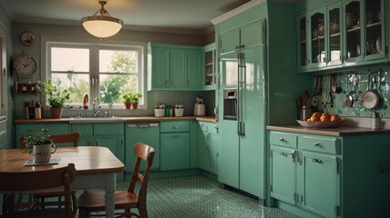 A vintage kitchen with mint green cabinets, a tiled floor, and a wooden table.