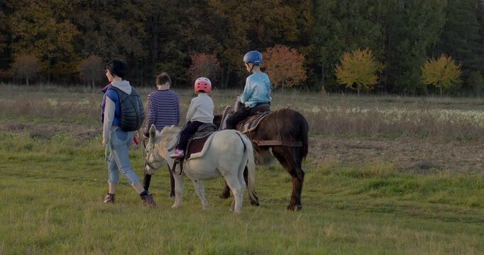 In a vibrant and colorful field, joyful children happily ride friendly ponies while a caring caregiver watches over them, all amidst charming fall foliage that perfectly enhances the idyllic scene