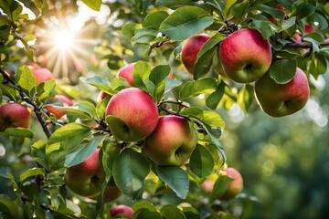 Lush green leaves and bright red apples on a branch sunlight dappling through the foliage, AI Generated