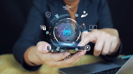 Cyber security Data Protection Information privacy antivirus virus defence internet technology concept. business technology privacy involves the use of virtual screens with cyber insurance icons.