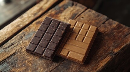 Two chocolate bars, one dark and one milk, resting on a rustic wooden surface.