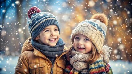 Cute happy children wearing a warm winter clotes surrounded with snowflakes. Winter holidays concept