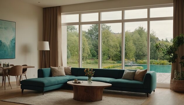 A bright, white living room with a light gray sofa adorned with vibrant yellow pillows 706