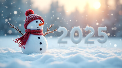 Fototapeta premium A cheerful snowman welcomes the new year 2025. Snow falling softly on a winter wonderland.