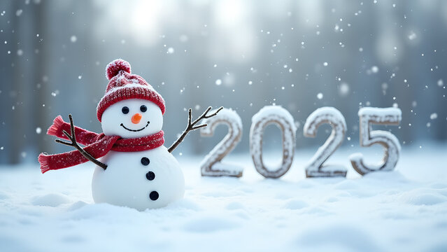 A happy snowman stands with the year 2025 in the snow,  representing a fresh start for the new year.
