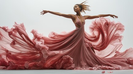 AI generator image of beautiful woman, wearing a light pink long-sleeved transparent tulle dress,looking at the camera and The background is an ethereal pink,ballet dance costumes, long dresses