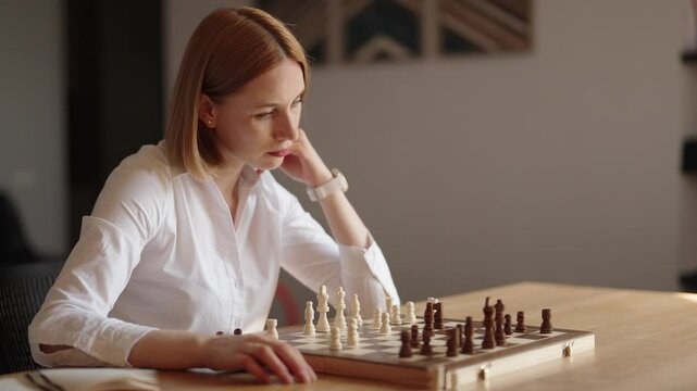 A focused business woman in a white shirt is playing chess alone, contemplating her next move. She is sitting at a desk in her home office.