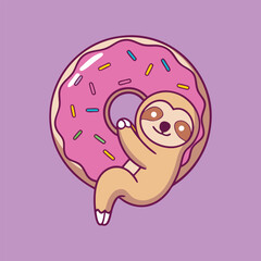 Cute Sloth Is Hanging On Doughnuts Cartoon Vector Icon Illustration Animal Food And Drink Concept Isolated Flat Cartoon Style