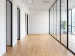 Modern minimalist office with glass partitions, light wood floors, and functional furniture, creating a focused environment for management