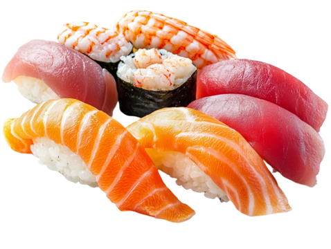 A plate of sushi with a variety of different types of fish and rice