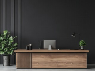 Minimalist office with a large desk, natural wood accents, and an uncluttered layout, promoting focus and efficiency in management