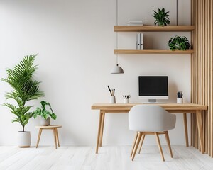 Minimalist office with a focus on natural materials, featuring light wood desks, white walls, and minimal decor for a modern look