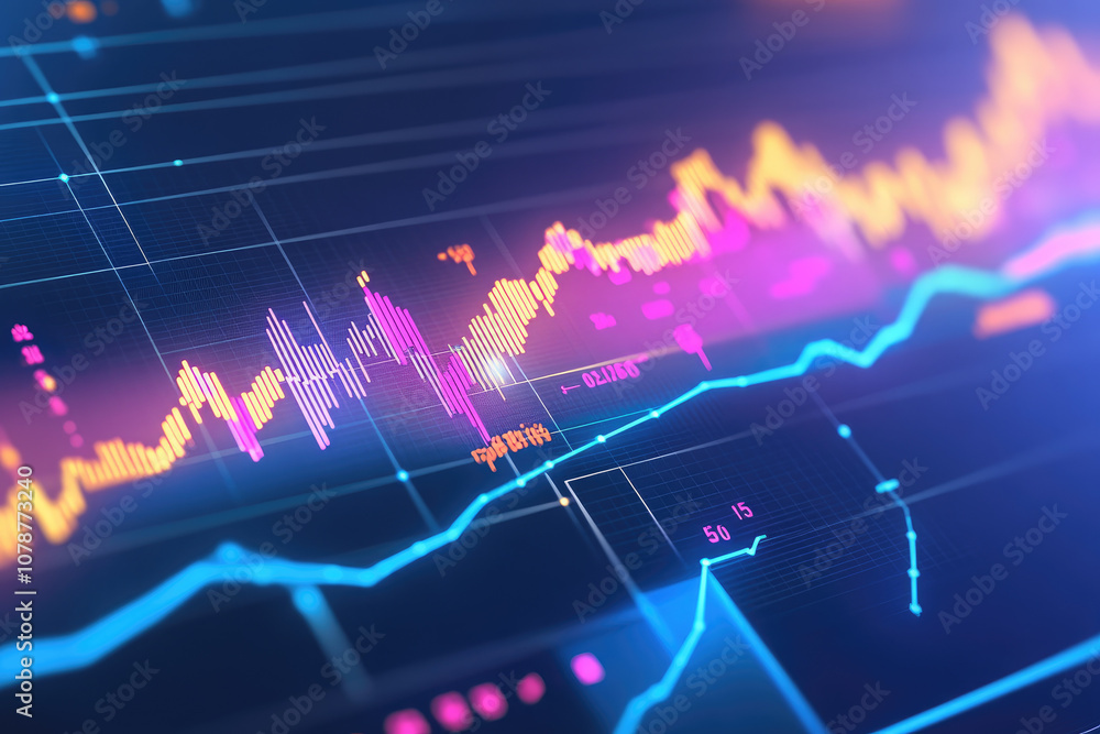 Poster global economic trend analysis, finance hologram displaying dynamic economic charts, visualizing dat