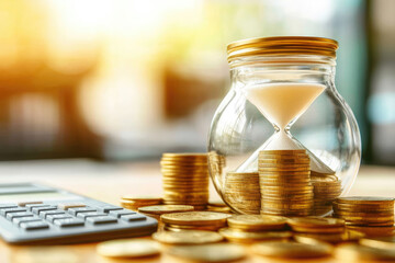 Financial strategy overview, time investment concept, currency coins in jar, calculator, hourglass, compound interest calculations on table
